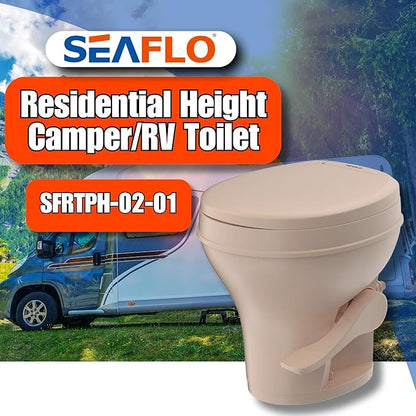 SEAFLO Bone-Colored Residential Height Camper/RV Toilet, 18.5” Height, Gravity Flush, Foot Pedal, Oversized Bowl, Soft-Close Seat, 4-Year Warranty