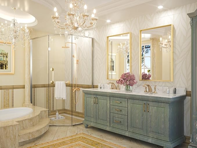 Keonjinn 24x36 Inch Gold Bathroom Mirror for Over Sink, Rectangular | HD Tempered Glass, Vanity Mirror, Brushed Framed, Square Corner, Modern Farmhouse, Wall Mounted Mirrors, Aluminum Alloy