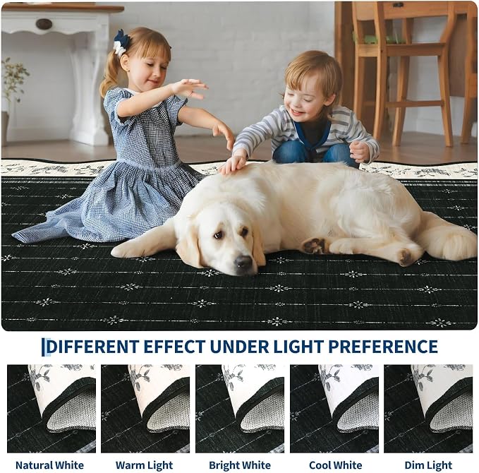 Garvee Washable Rugs for Living Room 8x10 Area Rugs Scalloped Rug Black | Modern Bordered Non Slip Large Kids Bedroom Carpet Indoor Stain Resistant Floor Cover for Bedroom Dining Room Office Nursery