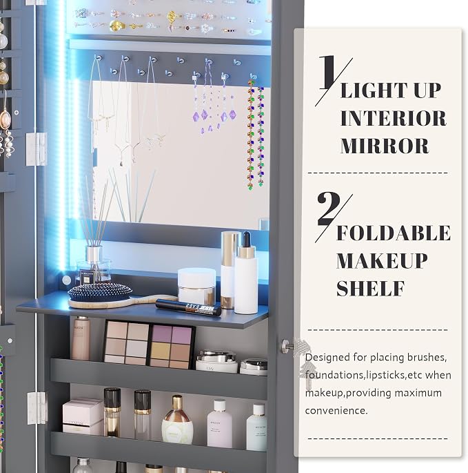 Vlsrka 47.2" Jewelry Armoire Organizer, Wall/Door Mounted Jewelry Cabinet | Built-in LED Mirror, Large Lockable Hanging Full Length Mirror with Jewelry Storage, 4 Drawers, 5 Shelves for Women, Gray