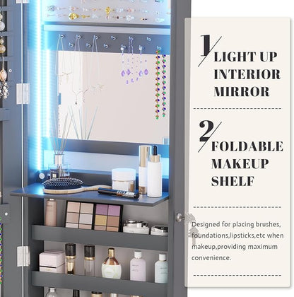 Vlsrka 47.2" Jewelry Armoire Organizer, Wall/Door Mounted Jewelry Cabinet | Built-in LED Mirror, Large Lockable Hanging Full Length Mirror with Jewelry Storage, 4 Drawers, 5 Shelves for Women, Gray