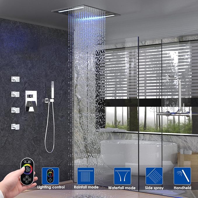 ENGA Shower System with Body Jets, 2 In 1 Functions Ceiling Mount 14x20inch LED Shower Head with 4 Body Jets, Rainfall Waterfall Shower Faucet Set, Chrome