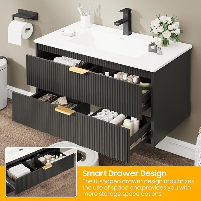 Vabches 30 Inch Bathroom Vanity with Sink, Wood Grain Wall Mounted Vanity with 2 Storage Darwers, Floating Bathroom Vanity with Storage, Bathroom Floating Vanity with Sink, Faucet, Drain, Black