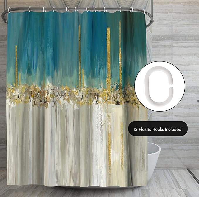 Americanflat 71x74 Modern Batik Shower Curtain - Water-Resistant Long Shower Curtain with Durable Metal Grommets and 12 Hooks - 100% Polyester - Teal Blue, Ivory, Gold and Greige