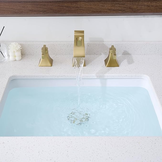 Brushed Gold Bathroom Faucet 3 Hole, Brass Waterfall 8 Inch Widespread Bathroom Sink Faucets with Pop-Up Drain, cUPC Water Hose, 2 Handles for Vanity, Restroom, Modern Hollowed Design
