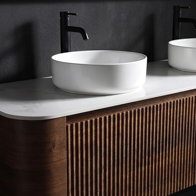 60" Preassembled Double Floating Bathroom Vanity with Round Sink, Walnut | Mid-Century Modern Style, Fluted & Soft-Close Drawer with U-shaped Wall, Sinterted Stone Countertop, Towel Rack Included