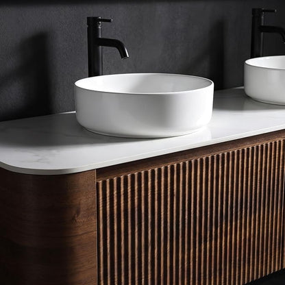 60" Preassembled Double Floating Bathroom Vanity with Round Sink, Walnut | Mid-Century Modern Style, Fluted & Soft-Close Drawer with U-shaped Wall, Sinterted Stone Countertop, Towel Rack Included