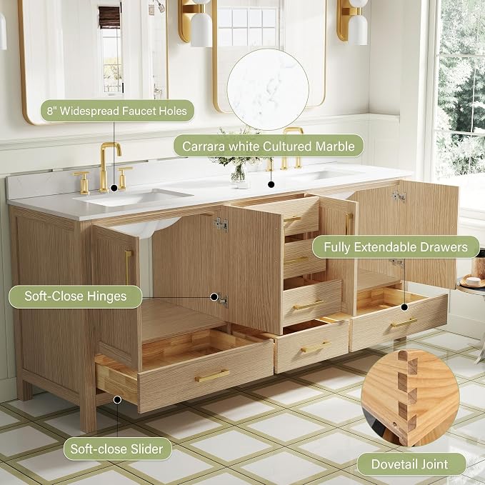 80-Inch Bathroom Vanity with Sink, 4 Soft-Close Doors and 6 Soft-Close Drawers, Bathroom Freestanding Vanity with Cultured Marble Countertop, Oak Vanity W/Gold Handles