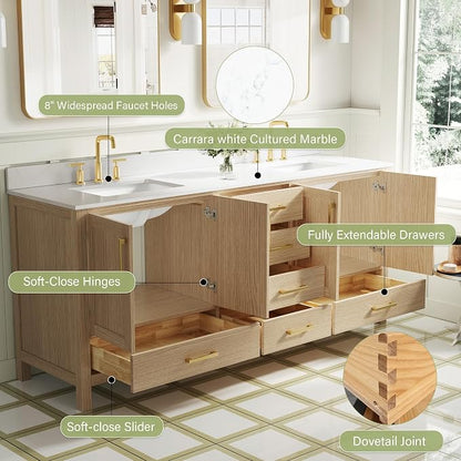 80-Inch Bathroom Vanity with Sink, 4 Soft-Close Doors and 6 Soft-Close Drawers, Bathroom Freestanding Vanity with Cultured Marble Countertop, Oak Vanity W/Gold Handles