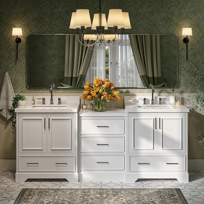 ARIEL Stafford 84-inch Bathroom Vanity with Sink,Solid Wood, 1.5in Pure White Quartz Countertop & Backsplash, Double Rectangular Porcelain Sink, 4 Soft Closing Doors, 5 Dovetail Drawers, White