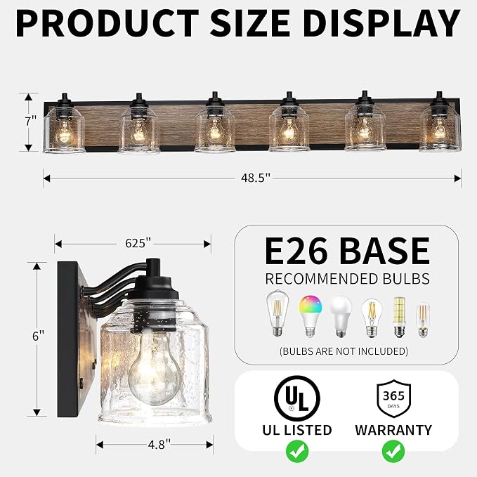 6-Light Vanity Lights for Bathroom Large 48" with Bubble Glass Shade | Farmhouse Rustic style, Hand-Painted Brown Wood-Grain Metal Backplate, E26 Ceramic Socket, UL&ETL, Mount up/down, over mirror