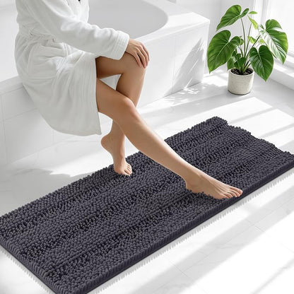 Smiry Thick Chenille Bathroom Runner Rugs 44x24, Soft Bath Mat, Dark Grey | Quick‑Dry & Machine Washable, Non‑Slip Bath Carpet, Striped Bath Rugs for Tub & Shower, Modern Home Decor Accessories