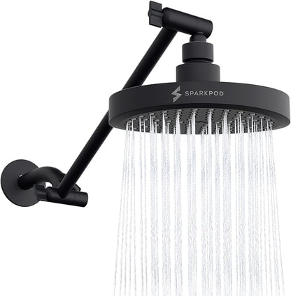 SparkPod 6" Round Rain Shower Head with 11" Shower Arm | Shower Head & Extension Arm Combo, Height Adjustable, High Pressure Performance, Easy 1-Minute Installation, Black Matte