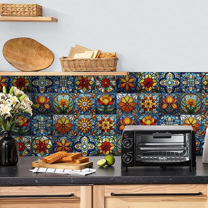 Easy Peel Stick wall Tile Stickers 6x6in Stick on backsplash Tiles,12Pcs | removable 3D tile for kitchen RV bathroom laundry backsplash decor,Ultra-high-definition printed Stained Glass pattern