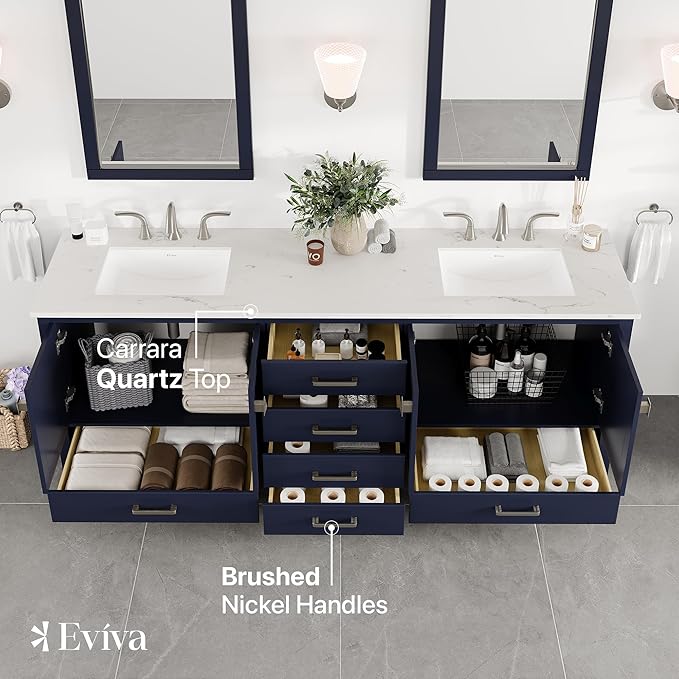 Eviva Aberdeen 84 in. Blue Double Sink Bath Vanity with Carrara Quartz Top and Undermount Porcelain Sinks