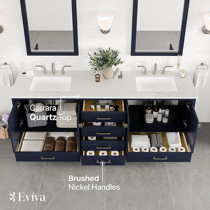 Eviva Aberdeen 84 in. Blue Double Sink Bath Vanity with Carrara Quartz Top and Undermount Porcelain Sinks