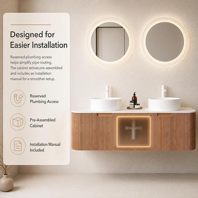 60 Inch Double Sink Bathroom Vanity, Floating Wall Mounted Cabinet, Natural Woodgrain Curved Fluted Front, Stone Top, Dual Pure White Round Vessel Basins, Pre-Assembled