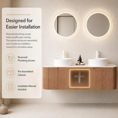 60 Inch Double Sink Bathroom Vanity, Floating Wall Mounted Cabinet, Natural Woodgrain Curved Fluted Front, Stone Top, Dual Pure White Round Vessel Basins, Pre-Assembled
