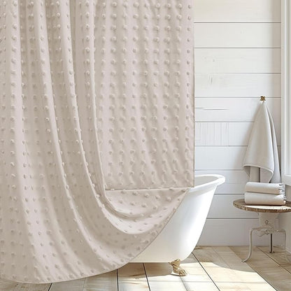 Boho Farmhouse Natural Shower Curtain Woven Fabric Shower Curtain, 72 x 72 Tufted Pleat Floral Puffs Textured Modern Farmhouse Minimalist Shower Curtain Set with Hooks for Bathroom