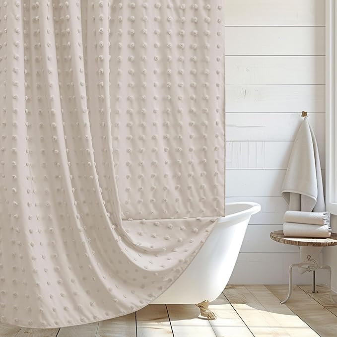 Extra Long Boho Farmhouse Shower Curtain Woven Fabric Natural Shower Curtain, 72 x 78 Tufted Pleat Floral Puffs Textured Modern Farmhouse Minimalist Shower Curtain Set with Hooks for Bathroom