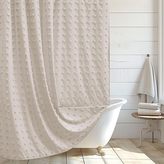 Extra Long Boho Farmhouse Shower Curtain Woven Fabric Natural Shower Curtain, 72 x 78 Tufted Pleat Floral Puffs Textured Modern Farmhouse Minimalist Shower Curtain Set with Hooks for Bathroom