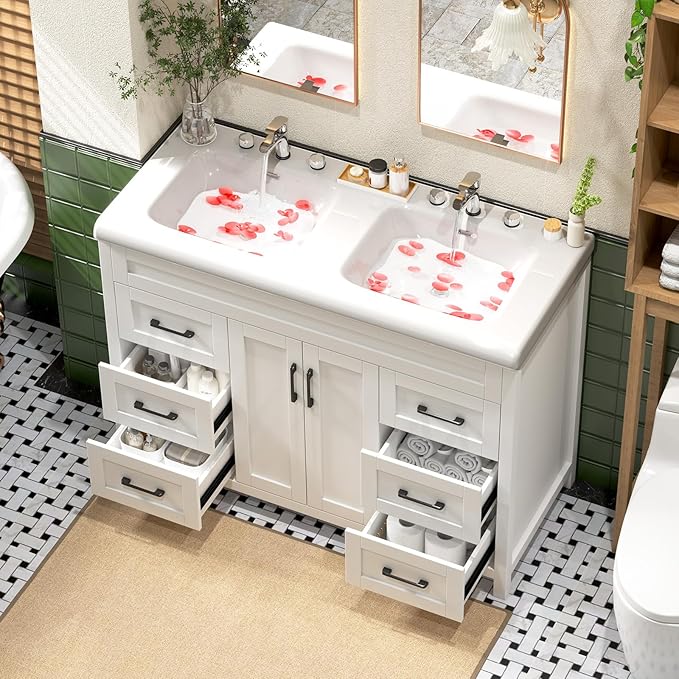 48 Inch Bathroom Vanity with Sink, Bathroom Vanity Cabinet with Doulble Sink, Bath Vanities with 2 Doors and 4 Drawers, White (20" D x 48" W x 36" H)
