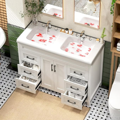 48 Inch Bathroom Vanity with Sink, Bathroom Vanity Cabinet with Doulble Sink, Bath Vanities with 2 Doors and 4 Drawers, White (20" D x 48" W x 36" H)