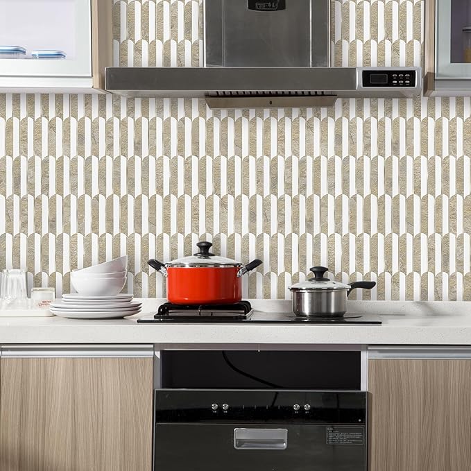 Vamos Tile Peel and Stick Backsplash Seamless Tile,PVC+Light Gold,10 Sheets | Stick on Backsplash for Kitchen & Bathroom,Honey Travertine+White+Light Gold Self Adhesive Backsplash Tile 11.9''x10.8''