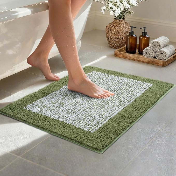 Bathroom Rugs 24x17 Non Slip Washable, Olive Green Bath Mat for Bathroom Floor Tub, Soft Absorbent Quick Dry Mats for Shower, Bathtub,Home Decor