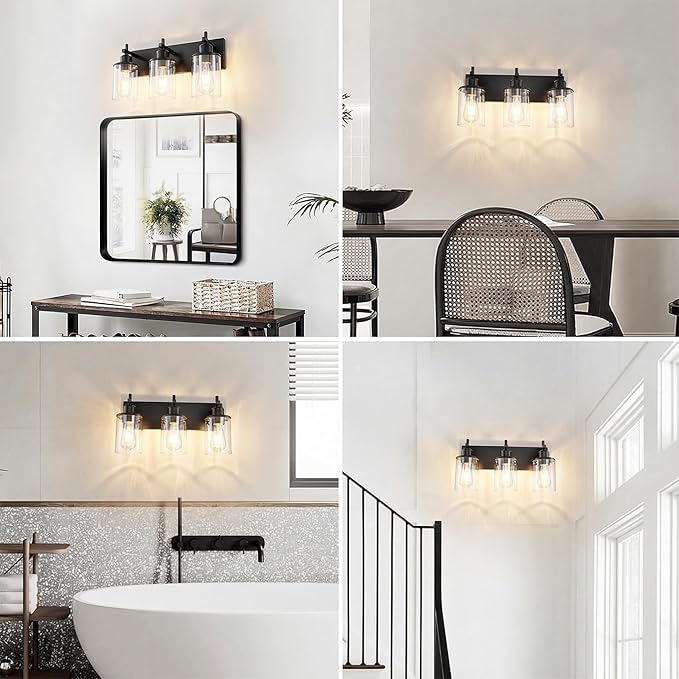 3-Light Black Bathroom Light Fixture Over Mirror Modern Farmhouse Bathroom Vanity Light Vintage Wall Lighting with Clear Glass Shade for Bathroom, Bedroom, Hallway, Cabinet