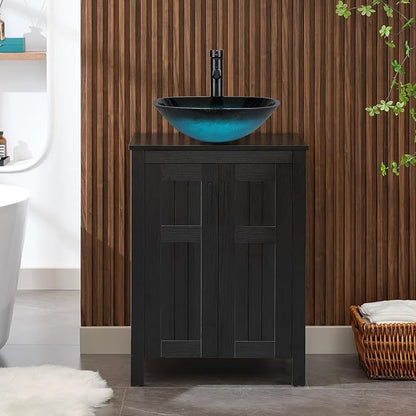 UEV Black 24" Bathroom Vanity with Sink Combo,Modern Vanity with Vessel Sink,Stylish Bathroom Vanity Cabinet,Grooved Doors & Metal Handles,Modern Square Ocean Blue Tempered Glass Vessel Sink(A10)
