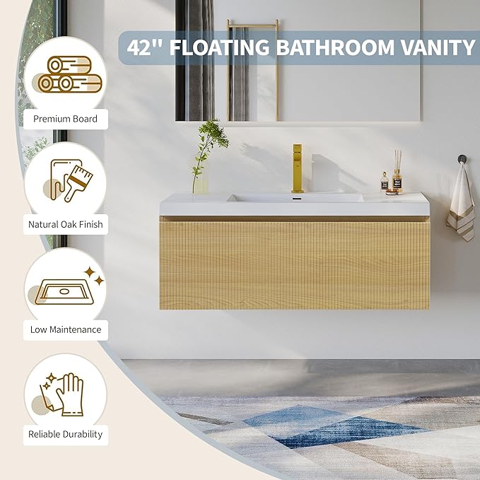42'' Floating Bathroom Vanity with Sink Combo, Modern Wall-Mounted Striped Bathroom Storage Cabinet with Soft-Close Drawer and Glossy White Solid Surface Basin, No Assembly Required, Natural Oak