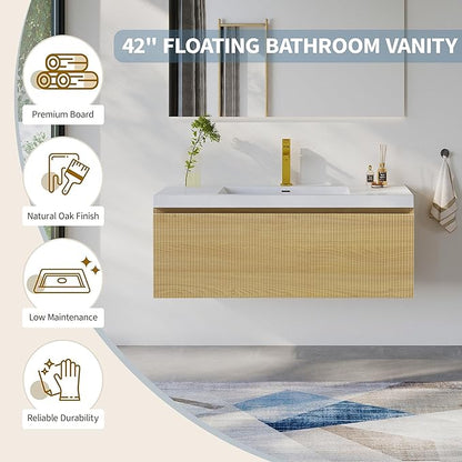 42'' Floating Bathroom Vanity with Sink Combo, Modern Wall-Mounted Striped Bathroom Storage Cabinet with Soft-Close Drawer and Glossy White Solid Surface Basin, No Assembly Required, Natural Oak