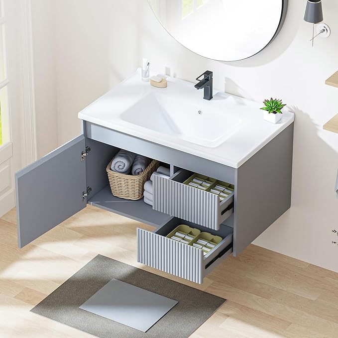 Floating Bathroom Vanity with Sink, 32 Inch Wall Mounted Bathroom Vanity with 2 Drawers and Wave-Carved Design Door, Modern Wooden Cabinet with Ceramic Sink and Storage, Grey