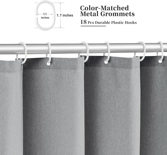 BTTN Extra Wide Shower Curtain - 108 Inch Boho Scalloped Linen Textured Thick Fabric Shower Curtain Set with 18 Plastic Hooks - Large Country Waterproof Shower Curtains for Bathroom - 108x72 - Grey