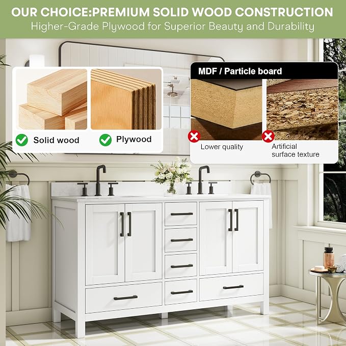 60-Inch Bathroom Vanity with Sink, 4 Soft-Close Doors and 6 Soft-Close Drawers, Bathroom Freestanding Vanity with Cultured Marble Countertop, White Vanity with Matte Black Handles