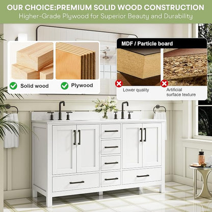 60-Inch Bathroom Vanity with Sink, 4 Soft-Close Doors and 6 Soft-Close Drawers, Bathroom Freestanding Vanity with Cultured Marble Countertop, White Vanity with Matte Black Handles
