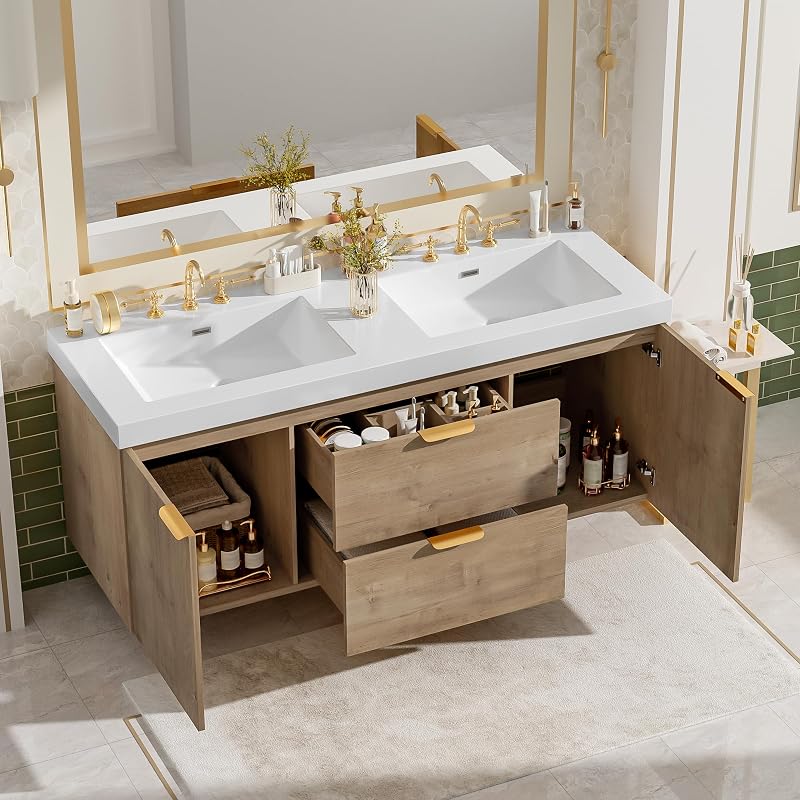 Modern Double Sink Wall-Mounted Bathroom Vanity 60 Inch with SMC Countertop and Divided Drawers, Vintage MDF Cabinet with Storage, Soft Close Doors and Metal Handles for Large Bathrooms, Natural