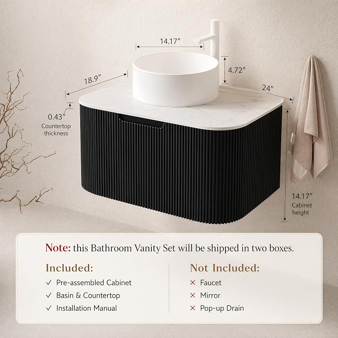 24 Inch Bathroom Vanity with Sink, Floating Wall Mounted Single Sink Vanity for Small Baths, Black Curved Fluted Front, Stone Top, Pure White Round Vessel Basin, Pre-Assembled
