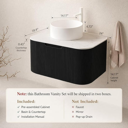 24 Inch Bathroom Vanity with Sink, Floating Wall Mounted Single Sink Vanity for Small Baths, Black Curved Fluted Front, Stone Top, Pure White Round Vessel Basin, Pre-Assembled