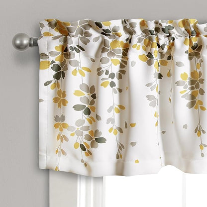 Lush Decor Weeping Flower Light Filtering Valance, 52" W x 18" L + 2" Header, Yellow & Gray - Floral Curtains - Valance Curtains - Bathroom & Kitchen Valances For Windows - Cottage & Farmhouse Decor