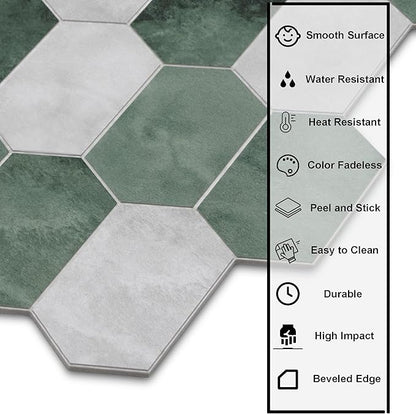 The Tiles Plaza 10-Sheet Peel and Stick Backsplash, 12" x 11.5" Green Cement Long Hexagon Self Adhesive Wall Tile, Stone Composite Stick On Decorative Mosaic Tile for Kitchen Bathroom Fireplace