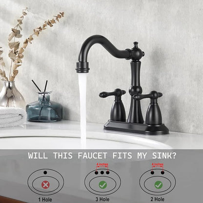 Matte Black Antique Bathroom Sink Faucet, Stainless Steel 4 inch Centerset Vanity Faucet with Drain and Supply Hose, Black Sink Faucet Bathroom 2 Hole