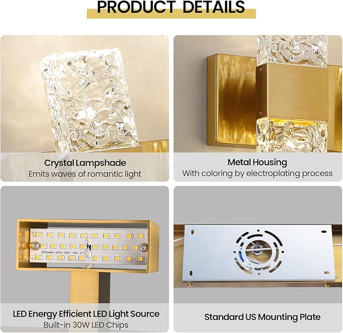 Gold Bathroom Vanity Light Fixtures Bathroom Light Fixtures Over Mirror 3-Light 4000K LED Crystal Wall Sconces Modern 30W Brushed Hardwired Wall Lights for Bathroom Bedroom Living Room
