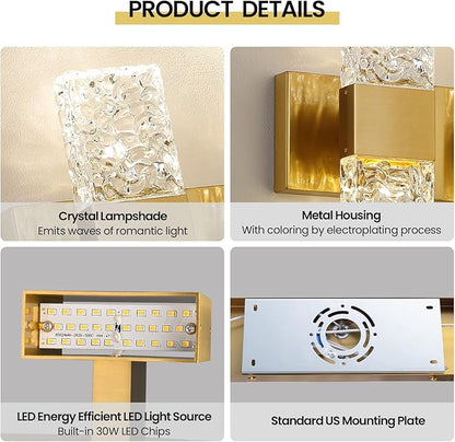 Gold Bathroom Vanity Light Fixtures Bathroom Light Fixtures Over Mirror 3-Light 4000K LED Crystal Wall Sconces Modern 30W Brushed Hardwired Wall Lights for Bathroom Bedroom Living Room