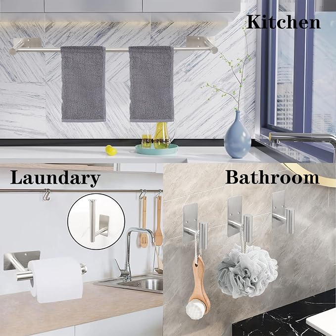 5 Pcs Self Adhesive Bathroom Hardware Set, Stainless Steel Towel Rack Set Include Adjustable 24In Bath Towel Bar+Toilet Paper Holder+3 Towel/Robe Hooks Bathroom Accessory Kit(Brushed Nickel)