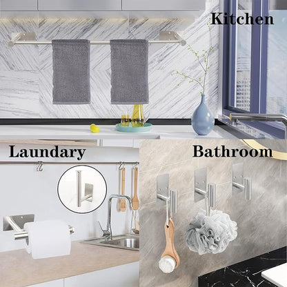 5 Pcs Self Adhesive Bathroom Hardware Set, Stainless Steel Towel Rack Set Include Adjustable 24In Bath Towel Bar+Toilet Paper Holder+3 Towel/Robe Hooks Bathroom Accessory Kit(Brushed Nickel)