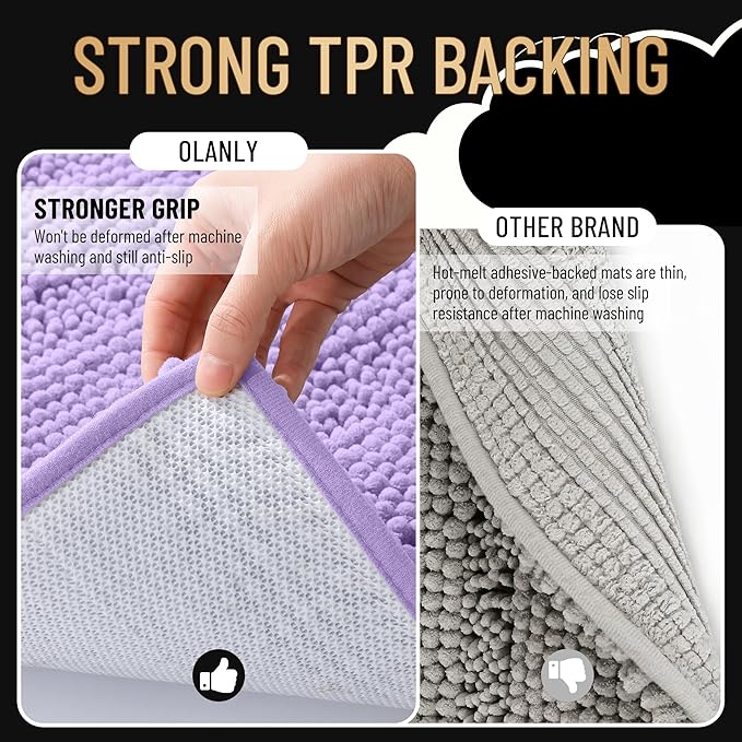 OLANLY Thick Bathroom Runner Rugs 47x20, Soft Chenille Bath Rugs, Lavender | Absorbent Striped, Rubber Backing, Machine Wash, Long Bath Mats for Bathroom Floor, Tub and Shower, Home Decor Accessories