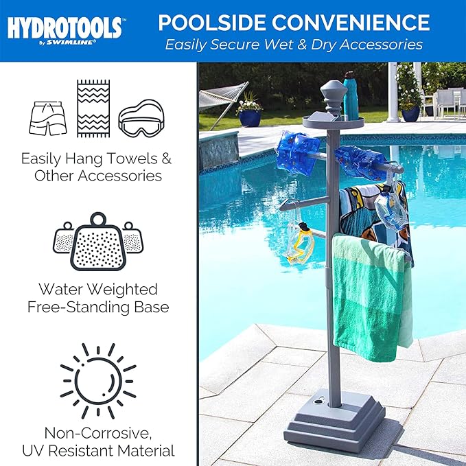 Swimline HYDROTOOLS 89033 Premium Free Standing Poolside Valet Towel Rack Adjustable with Water Weighted Base Three Arms Secure Clips for Outdoors & Indoors Pool Patio Poolside Holder Drying Stand | Holds towels plus goggles and gear on integrated lock...