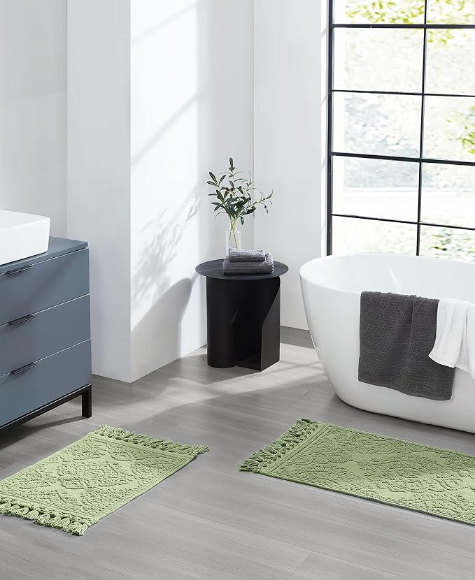 Jean Pierre – Ricardo Bath Mats, Set of 2 Woven Fringe Bathroom Rugs, 100% Cotton, Premium Bathroom Decor - Measures 17" x 31" and 21” x 41”- Sage Green